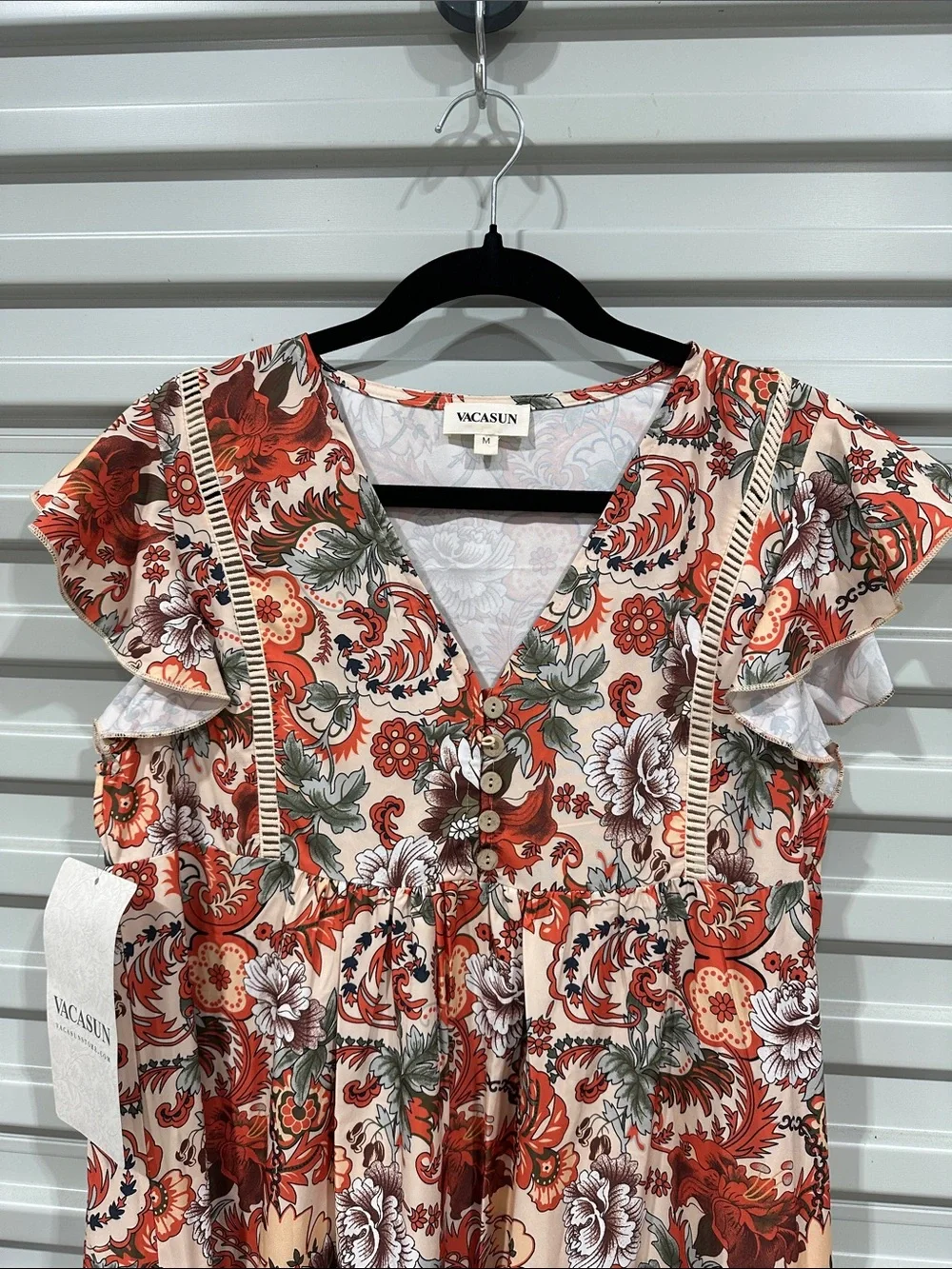 Red Floral Tiered Maxi Dress with Ruffle Sleeves - Picture 6 of 11